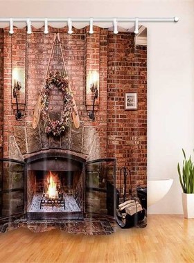 Wood Burnning in Fireplace under the Red Brick Shower Curtai