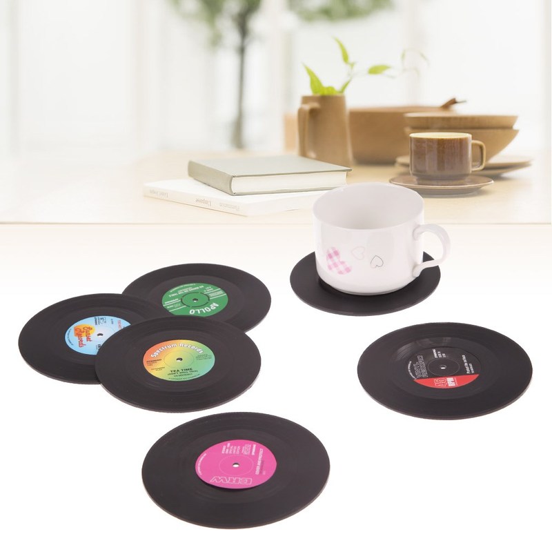 6pcs Table Mat 4.15 inch Vinyl Coaster Cup Retro Vinyl Recor