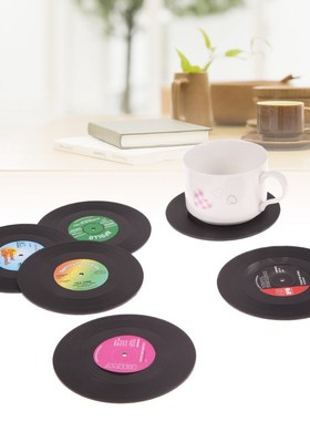 6pcs Table Mat 4.15 inch Vinyl Coaster Cup Retro Vinyl Recor