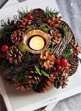 Christmas Decoration Wreath Candle Holder Pine Cone Berries