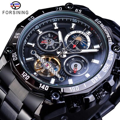 Forsining Full Black Tourbillon Mechanical Watches Male Moo