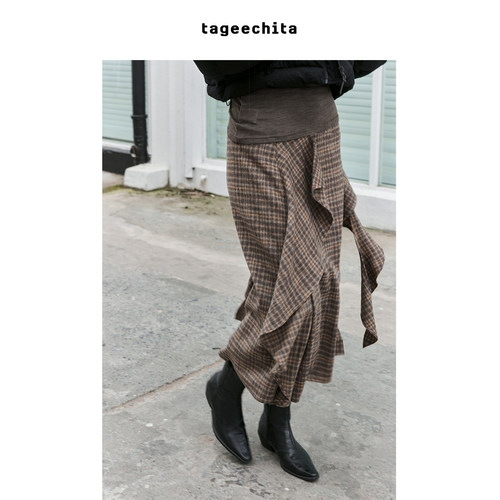 TAGEECHITA 绵羊毛不规则飘片色织复古格纹磨毛中长A字半身裙秋冬