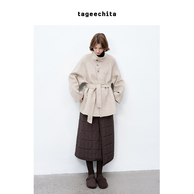 TAGEECHITA25冬新 100%绵羊毛立领外套柔软廓形宽袖口短款呢大衣