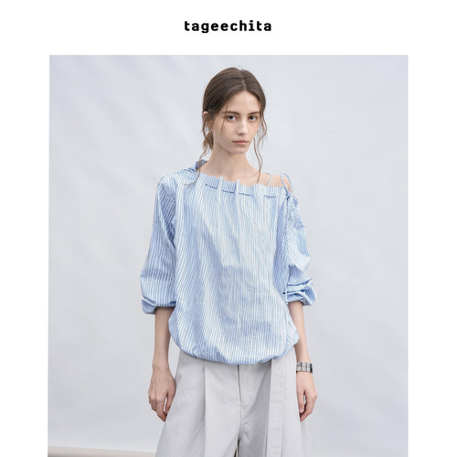 TAGEECHITA 文艺气质感花苞一字领斜肩抽褶阔型条纹衬衫上衣女