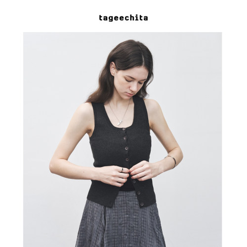 TAGEECHITA 极简针织马甲U领无袖打底背心吊带内搭叠穿上衣女