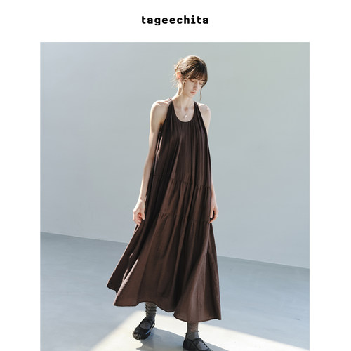 TAGEECHITA 智性松弛感轻薄透气风琴褶分割挂脖吊带无袖连衣裙