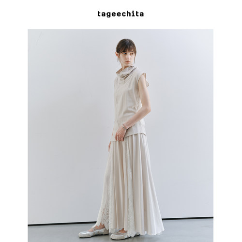 TAGEECHITA 菱格肌理多片式拼接蕾丝顺滑亲肤松弛感伞型半身裙夏