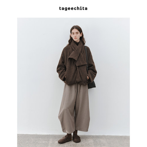 TAGEECHITA 简约青果领软糯感短款夹棉衣秋冬厚外套 可拆卸围巾