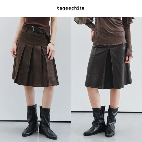 TAGEECHITA 智性通勤风两穿式拼接材质宽百褶半身伞裙中裙 附腰带