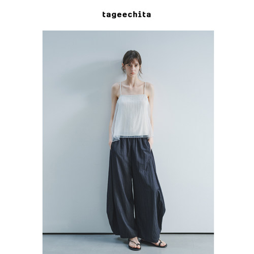 TAGEECHITA 柔光透纱立体褶皱肌理层次感后背系带无袖吊带小衫
