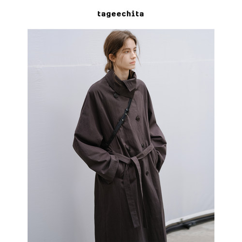 TAGEECHITA 棉感高叠领纹理感廓形插肩袖收腰系带长款风衣外套