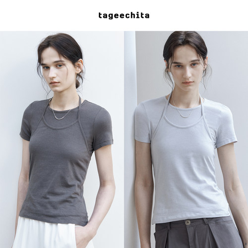 TAGEECHITA 基础纯色圆领T恤两件套叠穿显瘦挂脖设计感短袖上衣女