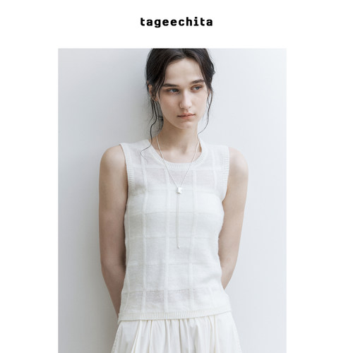 TAGEECHITA 格纹设计感半透感小衫上衣女显瘦简约气质无袖背心