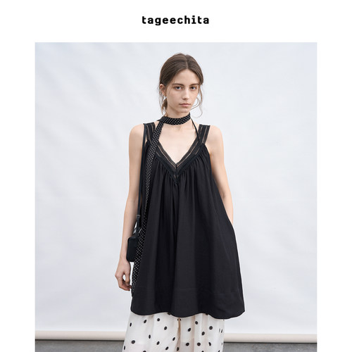 TAGEECHITA 细腻肌理感V领编织花边度假慵懒风廓形小衫背心上衣