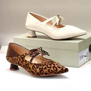 千百度26尖头粗跟豹纹蝴蝶结一字带玛丽珍女单鞋 A26106089A05A04