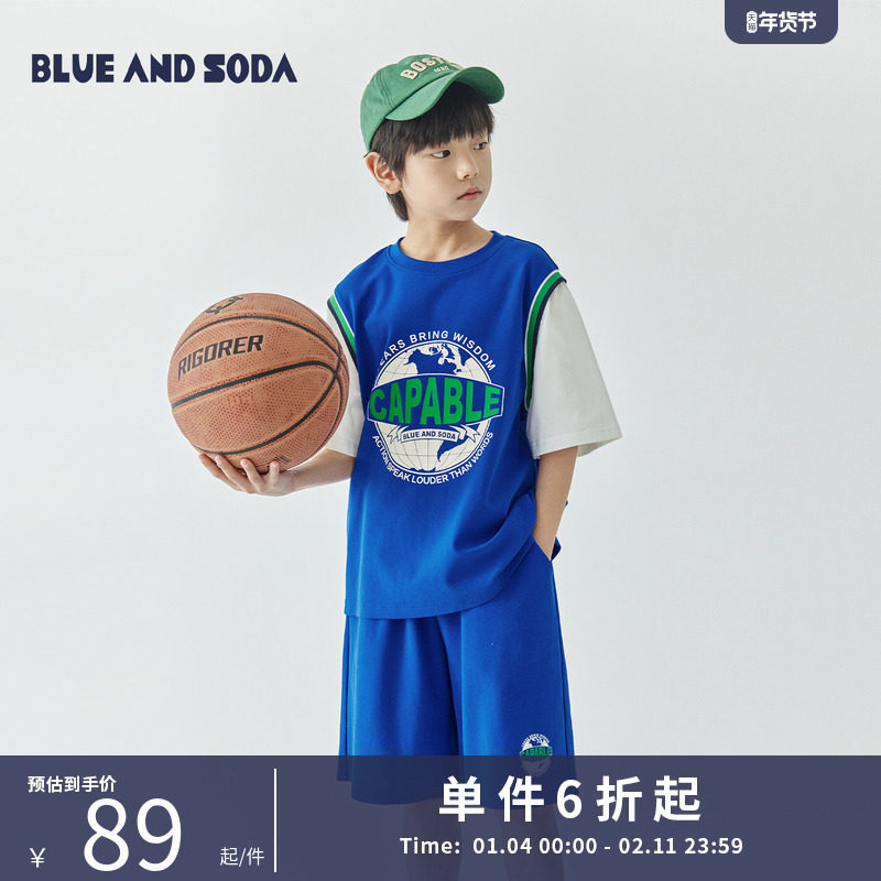 蓝汽水25夏季款男童拼色假两件运动套装儿童凉感短袖五分裤两件套