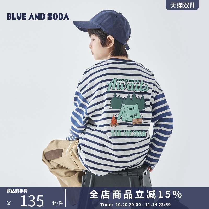 蓝汽水25年秋季新款亲子装中大男童印花长袖T恤经典条纹休闲上衣