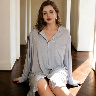 睡衣女款 睡裙家居服可外穿春夏季 2026新款 衬衫 莫代尔长袖 胖mm大码