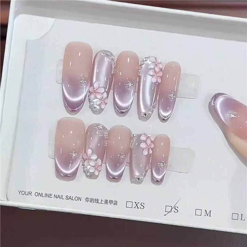 紫色渐变微笑法式猫眼手绘立体冰透粉色小花温柔气质感美甲贴片