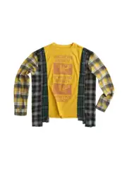 Luuucam Plaid Panel Two-Piece Long-Sleeve Tee Deconstructed Washed Raw-Edge Contrast Print Top