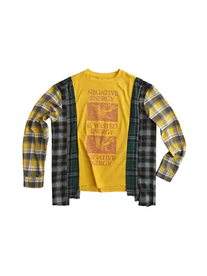 Luuucam Plaid Panel Two-Piece Long-Sleeve Tee Deconstructed Washed Raw-Edge Contrast Print Top