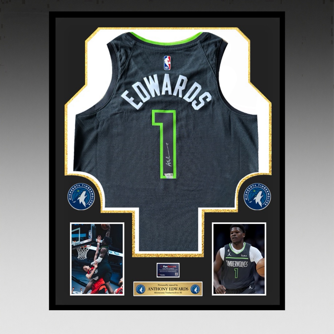 爱德华兹 | 亲笔签名 森林狼队灰绿宣告版球衣【含FA证书】精装裱