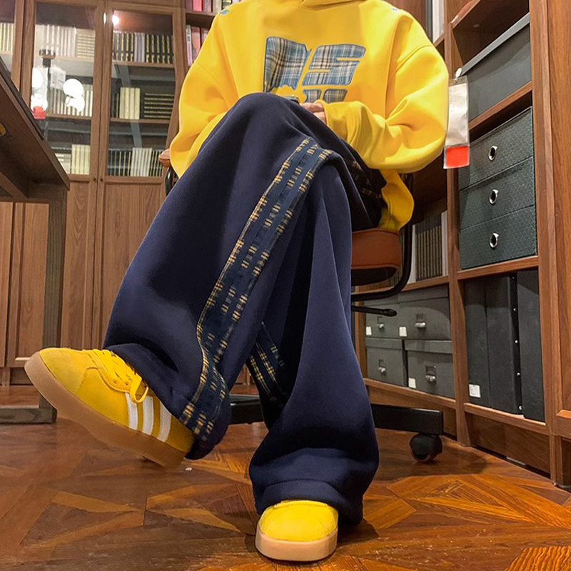 加绒加厚侧边条纹休闲阔腿棉裤男
