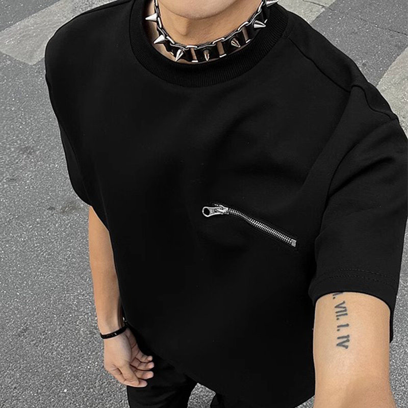 黑色小领口正肩短袖男款夏季设计感拉链半袖t恤高级感重磅五分袖