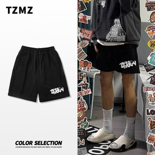 休闲宽松直筒外穿抽绳篮球运动短裤 男夏季 街头字母印花五分裤 美式