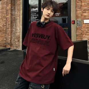 重磅纯棉暗红色t恤男夏季美式复古短袖宽松ins潮流潮牌情侣装半袖
