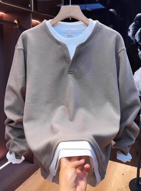 春季薄款男士假两件v领卫衣青少年高级感轻奢时尚百搭外套上衣服