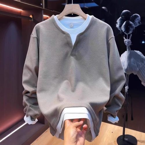 春季薄款男士假两件v领卫衣外套