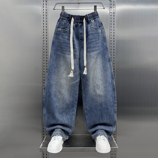 复古阔腿牛仔裤 潮流松紧腰休闲直筒弯刀裤 男士 老爹裤 宽松韩版 美式