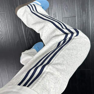 白灰色三条杠美式高街潮牌卫裤男秋季垂感直筒裤子抽绳情侣运动裤