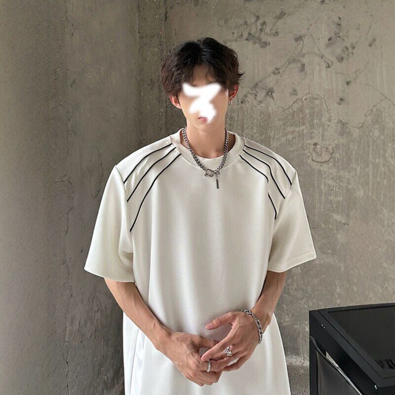 白色三条杠垫肩短袖男款夏季美式复古正肩t恤cleanfit高级感半袖