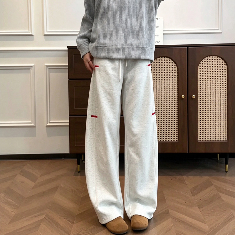秋季新款刺绣压褶弯刀卫裤男款裤子秋季宽松青少年直筒运动休闲长