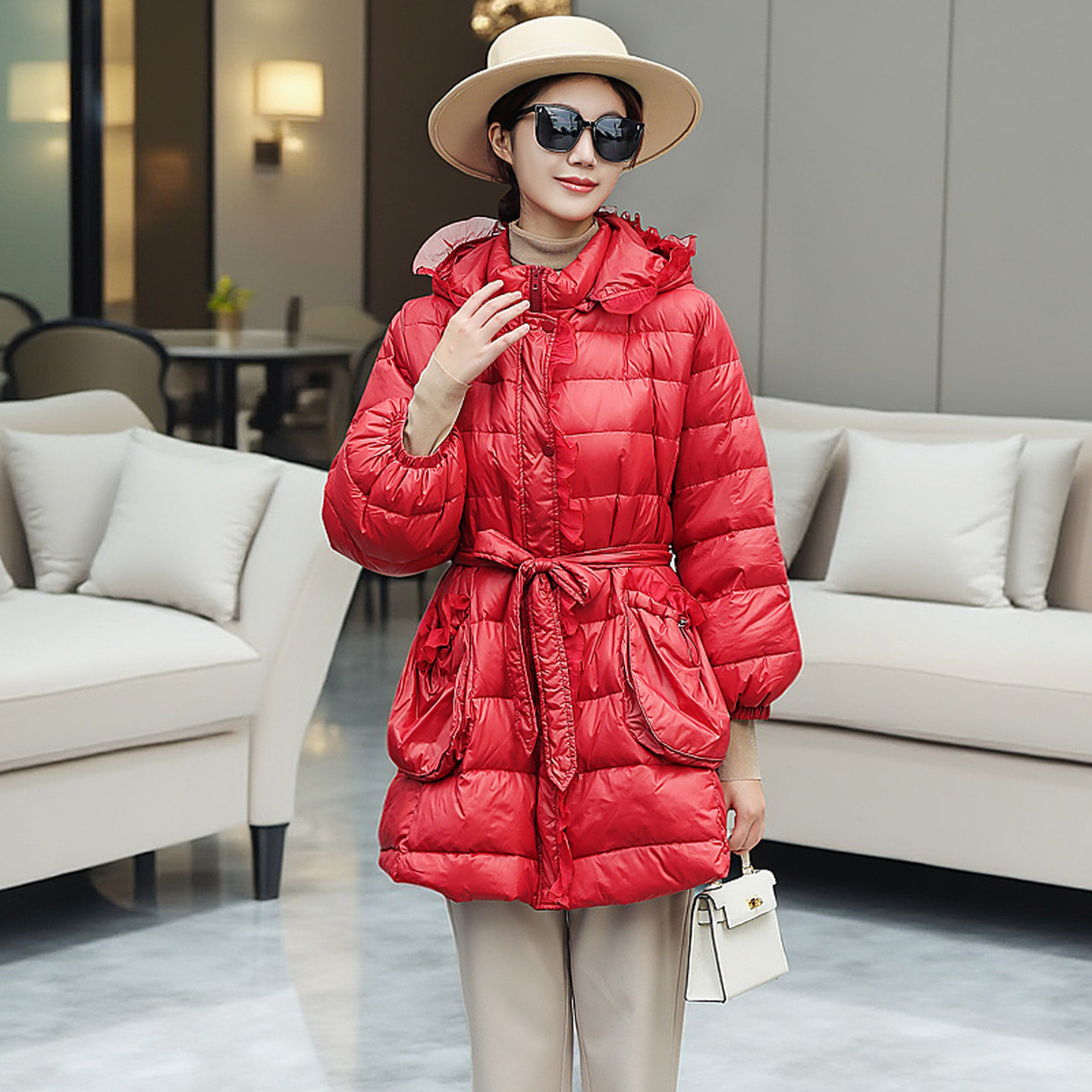 虫音90白鸭绒羽绒服女复古红色小个子宽松收腰轻薄保暖中长款外套