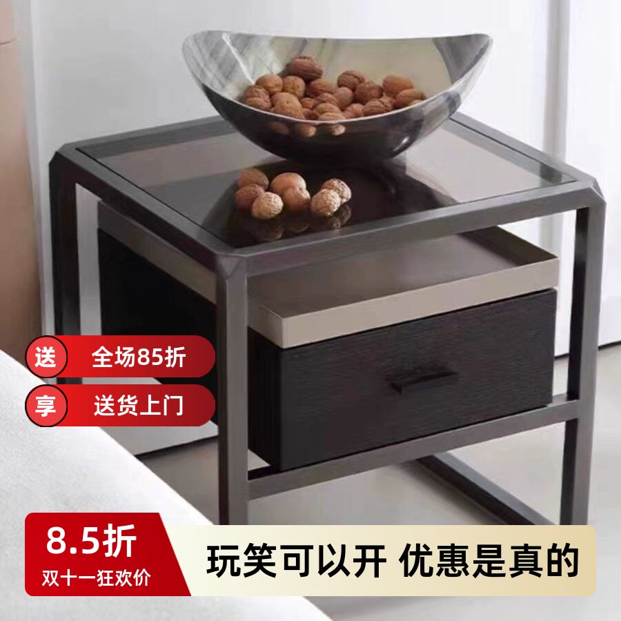 意式极简悬浮304不锈钢化玻璃实木床头柜现代卧室床边储物置物架