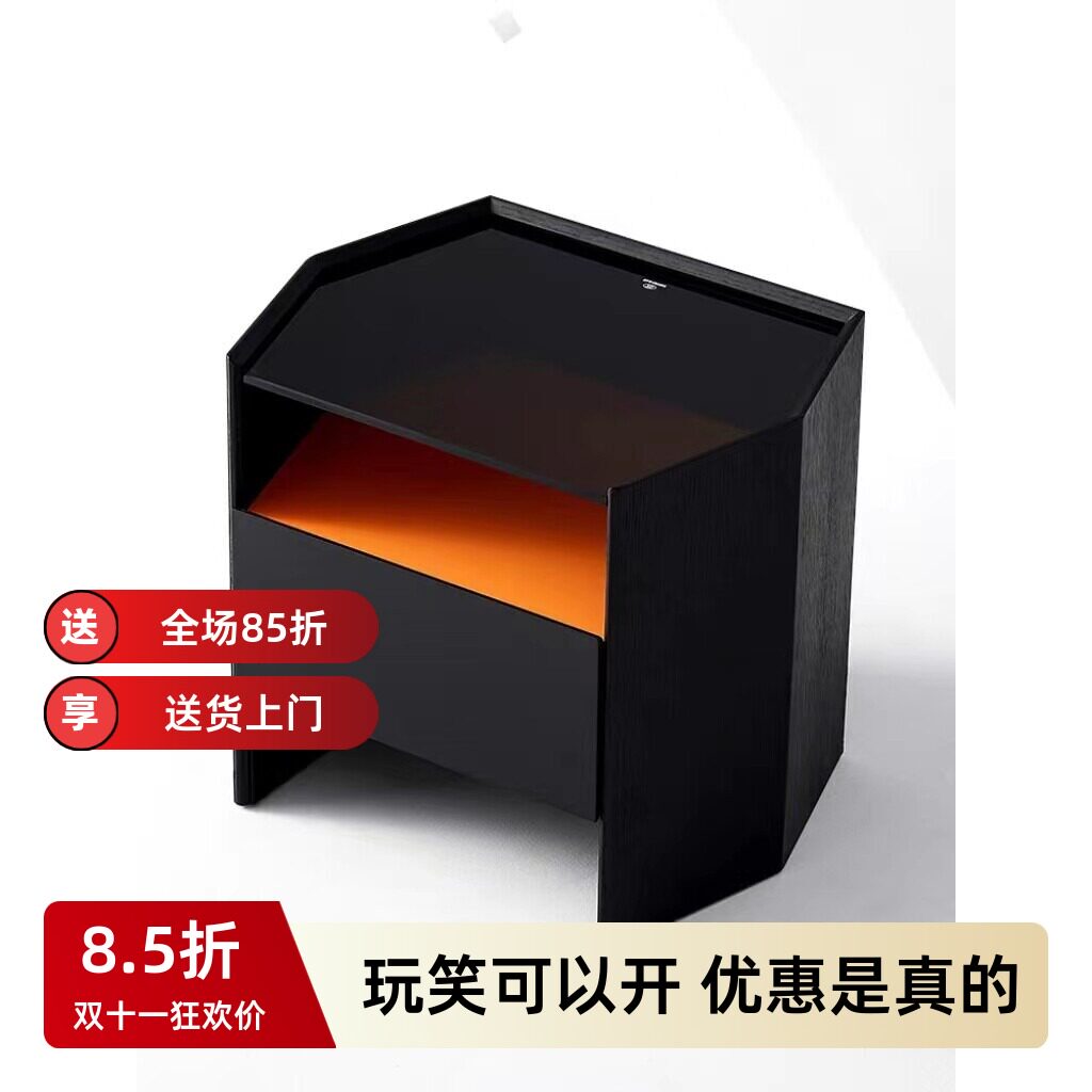 意式极简实木北欧轻奢烤漆床头柜玻璃简约卧室设计师床边柜储物柜