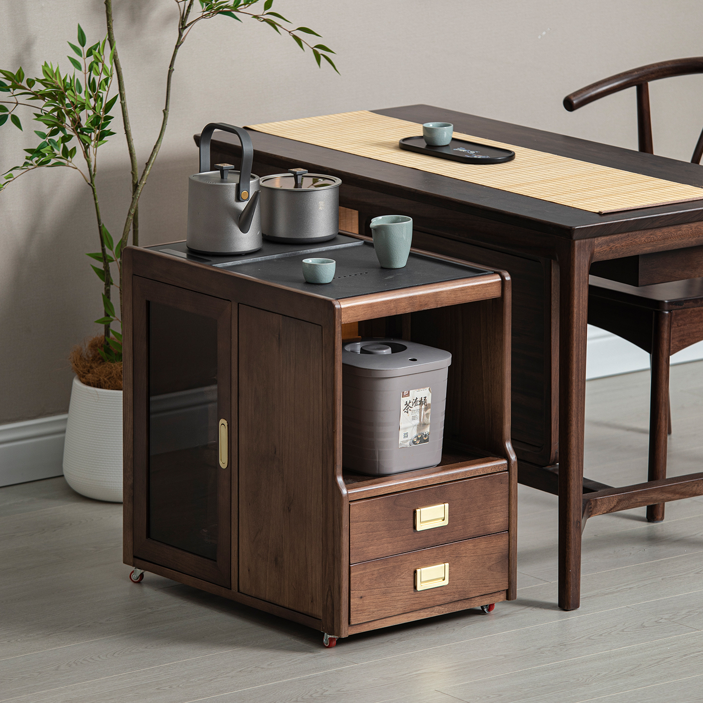胡桃木茶水柜移动茶水台
