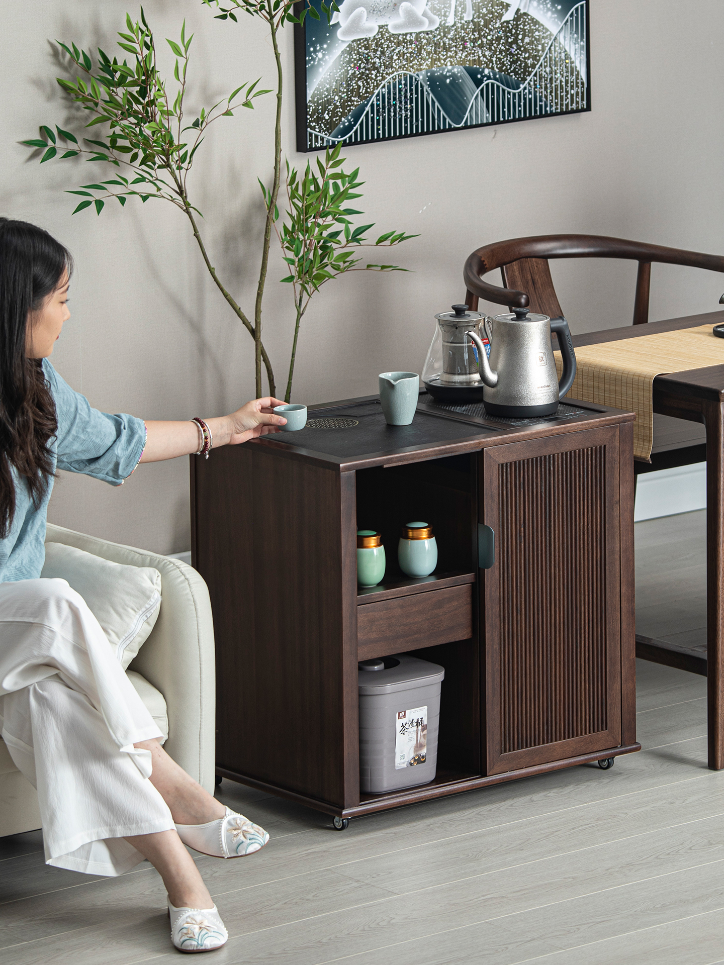 胡桃木茶水柜茶桌侧边柜移动茶台烧水壶一体沙发边几烧水台餐边柜