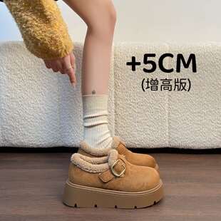 厚底全包勃肯鞋加绒乐福鞋女2025新款冬季毛毛棉鞋增高雪地靴34码