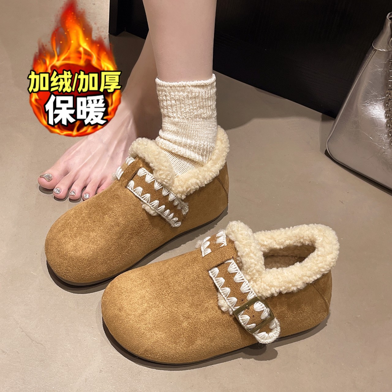 秋冬季厚底内增高加绒全包勃肯鞋女2025新款保暖毛毛鞋低帮1202n