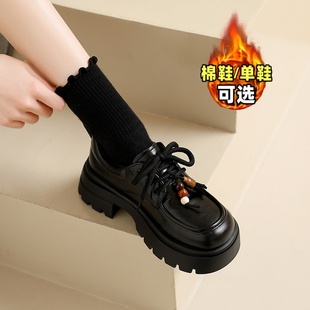 复古英伦风黑色乐福鞋女2025新款冬季加绒系带粗跟单鞋厚底小皮鞋