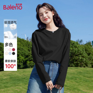 纯色T恤休闲修身 班尼路新品 新款 2025秋季 上衣女Q 200g黑色纯棉长袖
