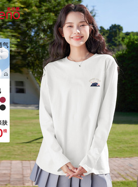 班尼路200g白色纯棉T恤女设计富士山印花潮流女装透气舒适上衣女Q