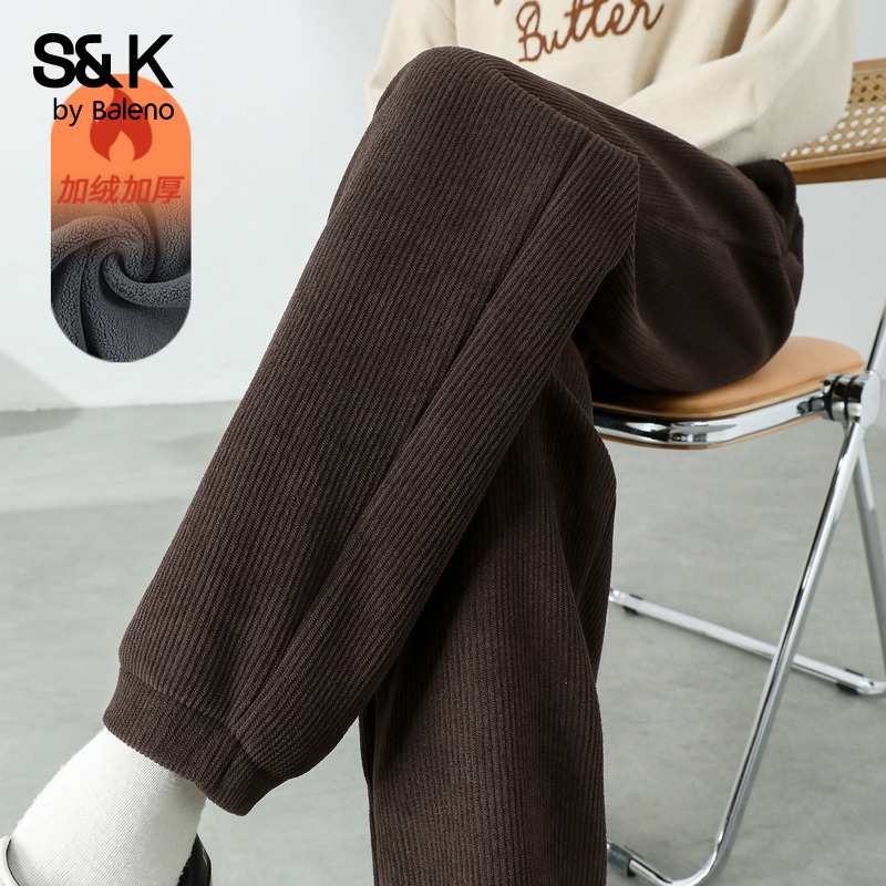 班尼路S&k系列加绒灯芯绒裤子女冬季宽松显瘦女裤休闲束脚运动裤Q