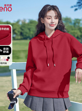 班尼路红色连帽卫衣女2025秋冬新款小个子短款显瘦宽松休闲上衣Q