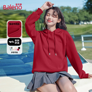 班尼路红色连帽卫衣女款2026春秋新款韩版时尚休闲百搭通勤上衣Q