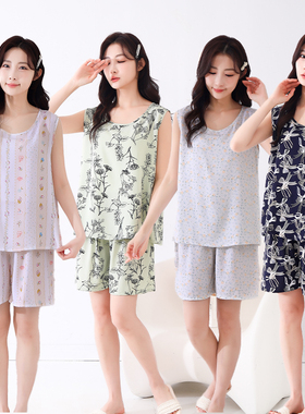 棉绸睡衣女夏季无袖薄款人造棉家居服大码宽松套装背心短裤两件套